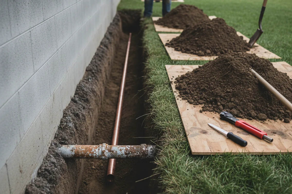 Excavated water line trench during Water Heater Repair in Tilghman